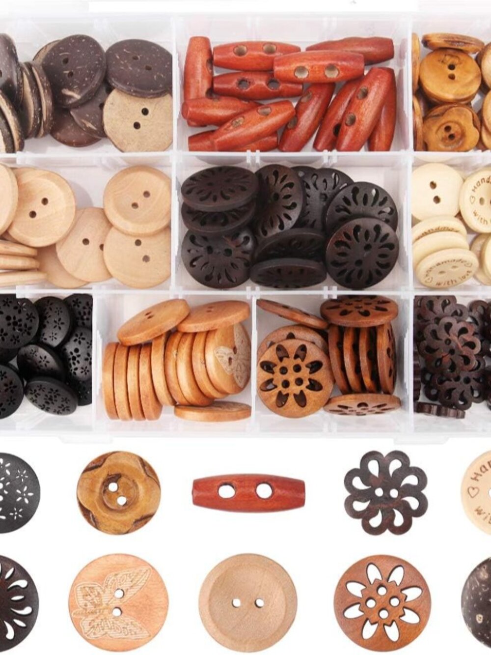 Assorted Handmade Buttons, 120Pcs Wooden Buttons Art DIY Craft Supplies with Box